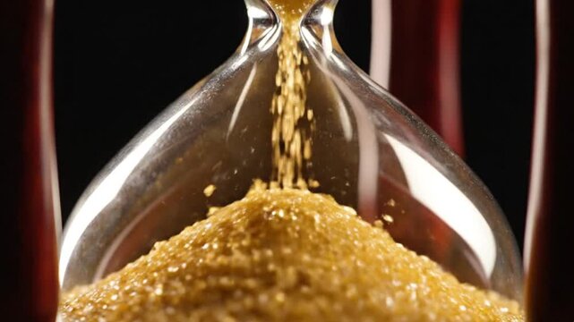 A captivating close-up shot features an hourglass with luminous golden sand steadily flowing from the top chamber into the bottom, accumulating in a soft, shimmering pile. The intricate movement of ea