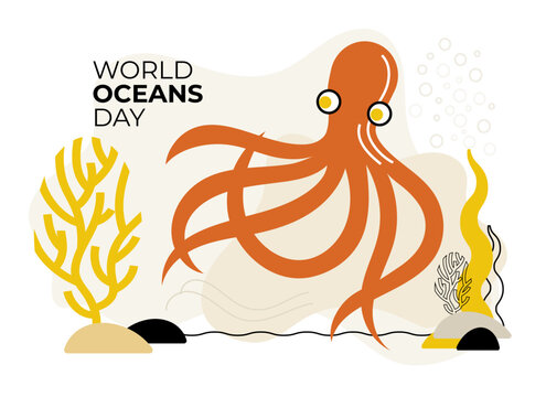World Oceans Day Octopus Vector Illustration
