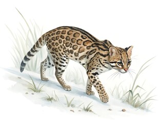 Obraz premium Elegant Ocelot Walking in Grass Wildlife Painting Nature Art clipart