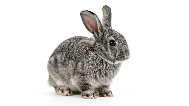A gray rabbit with upright ears sits against a clean white backdrop