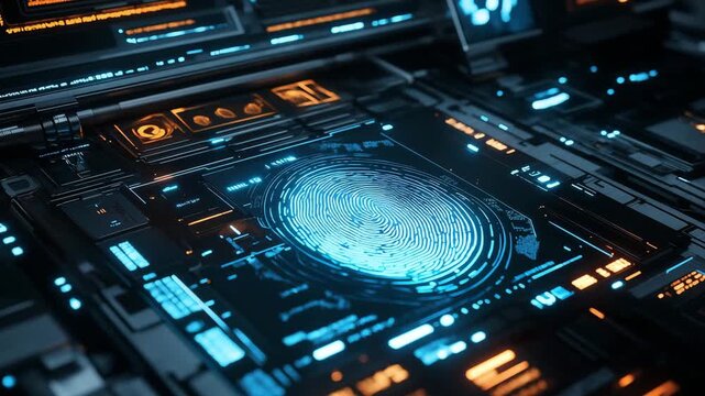 A digital interface showcases a blue fingerprint design while elements of data visualization illuminate the background