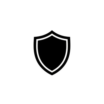A black shield icon with a white outline against a plain white backdrop. A protective symbol