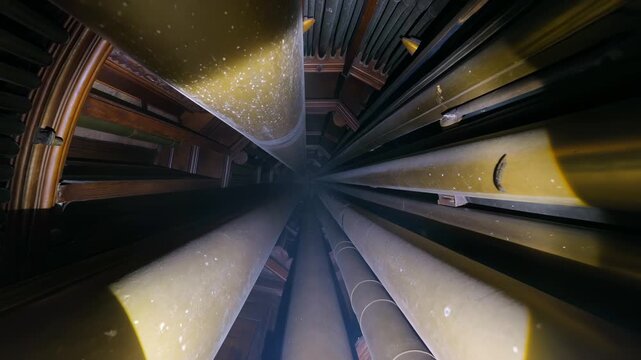 Cinematic FPV drone flight navigating the dark, dusty, and claustrophobic interior of a giant gothic church pipe organ. The camera slowly and precisely threads vertically between towering brass tubes,