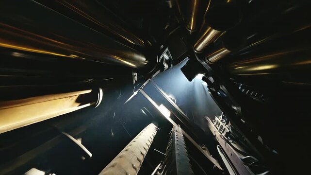 Cinematic FPV drone flight navigating the dark, dusty, and claustrophobic interior of a giant gothic church pipe organ. The camera slowly and precisely threads vertically between towering brass tubes,