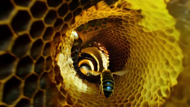 Macro fpv drone flying tight geometric honeycomb tunnel inside dark beehive dodging giant working bee dripping yellow liquid honey showing complex insect biology ecology wax fluid motion