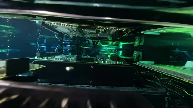 Macro fpv drone swimming inside dark modern data center immersion cooling tank dodging glowing electronic circuit board rising air bubble showing high tech hardware thermal liquid motion