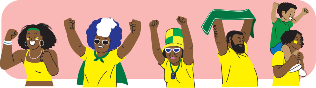 Crowd of Brazil supporters celebrating victory, jumping and shouting with excitement, vector illustration.