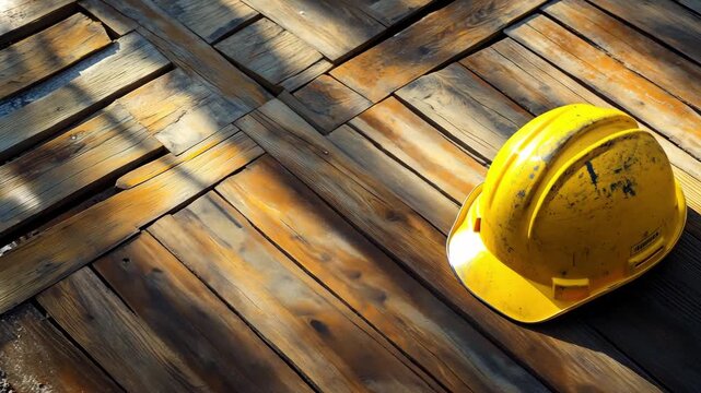 A yellow hard hat rests on wooden flooring at a construction site during the day while sunlight casts shadows