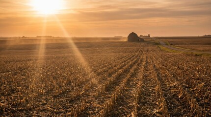 Fototapeta premium Golden Sunset Over Harvested Cornfield with Barn Silhouette