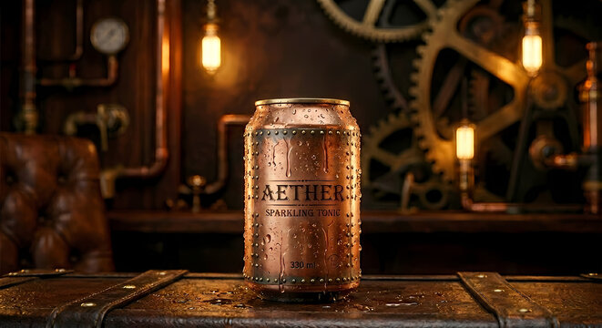 A copper-style beverage can with rivets and condensation sits on a leather chest. The background is a warm-lit steampunk workshop with brass gears, pipes, and Edison bulbs.