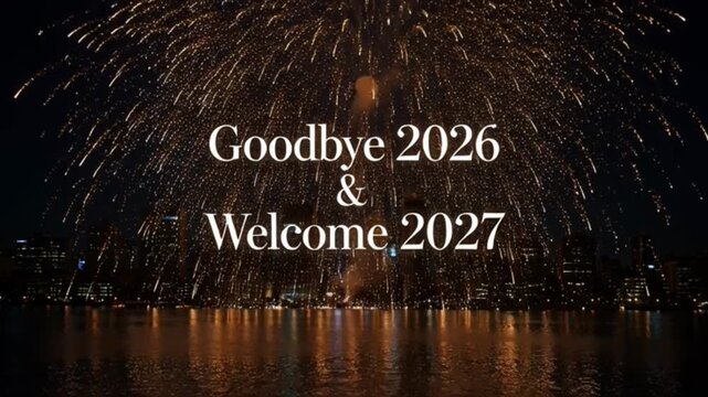 Spectacular New Year's Eve fireworks illuminate the night sky above a vibrant city skyline, celebrating the transition from 2026 to 2027 with dazzling reflections on the water