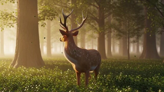 Majestic deer standing in a serene forest glade at dawn with large antlers and a gentle expression.