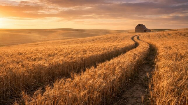 Golden wheat field at sunset with barn