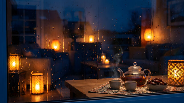 A cozy indoor scene with a teapot, cups, dates, and glowing lanterns, through a rainy window.