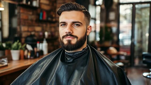 A man waits in a salon chair while a barber gets ready to cut his hair in a modern barbershop setting