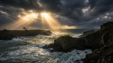 Obraz premium Sunbeams Break Through Storm Clouds Over Rugged Coastline