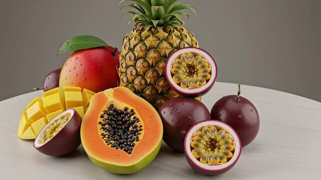 Assorted exotic fruits, including mango, pineapple, and papaya, displayed on a tabletop surface in a studio setting.