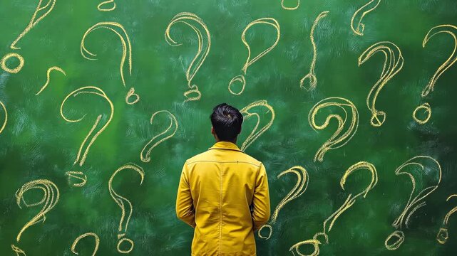 A person stands in front of a chalkboard covered with question marks in a classroom during the day