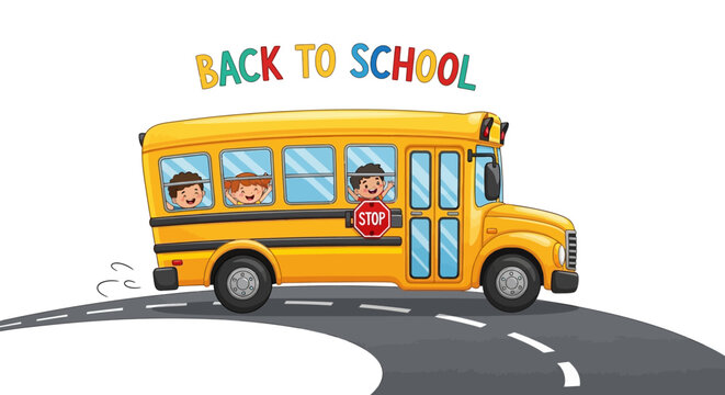 Children Riding School Bus on Curved Road, Back to School Scene, Cartoon Illustration, Road View