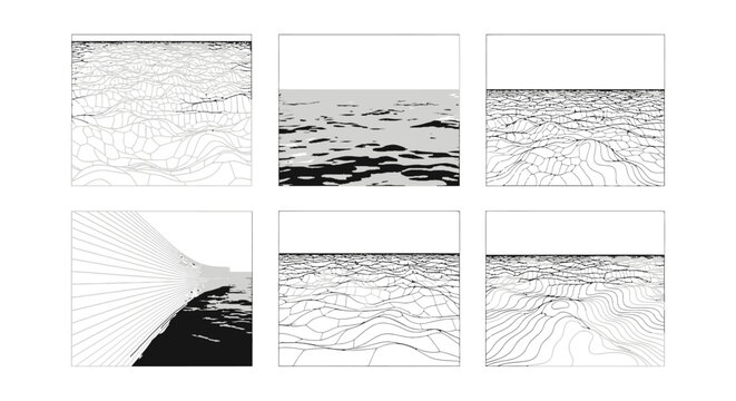 abstract graphic patterns depicting digital landscapes and data visualization in a minimalist conceptual grid layout ideal for tech and design projects