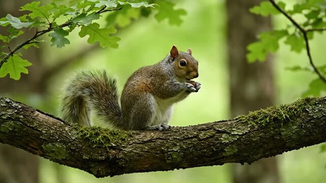 A gray squirrel sits on a mossy branch, eating a nut, with green foliage