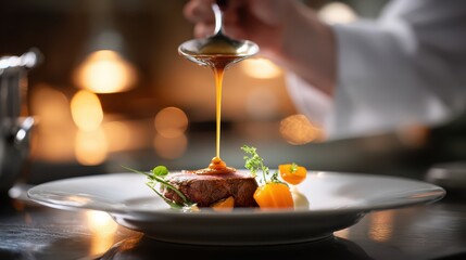 A chef expertly drizzles a rich, dark sauce over a beautifully plated steak garnished with fresh herbs and miniature orange vegetables in a high-end restaurant setting.