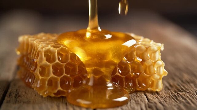 Honey Dripping from Comb on Wooden Surface.