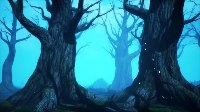 A mystical landscape featuring towering, ancient trees with bare branches against a dreamy turquoise sky, creating an ethereal, foggy atmosphere