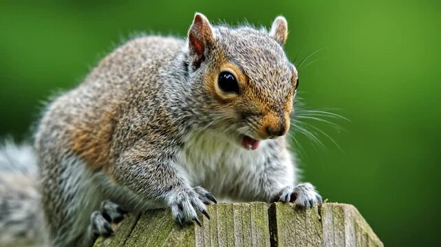 A gray squirrel with open mouth perched on a wooden fence post, against a green background