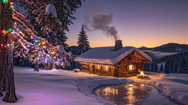 Cozy winter cabin beside a glittering christmas tree in a snowy forest at dusk