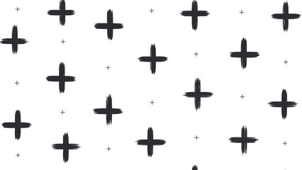 Minimalist seamless pattern featuring bold black brush stroke crosses and small thin plus signs on a plain white background.