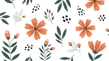 Cheerful pattern of orange flowers and green leaves with black dots on a white background for a modern floral look.
