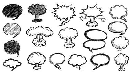 Obraz premium Set of hand drawn comic style speech bubbles and explosion clouds in black ink for storytelling and graphic design.