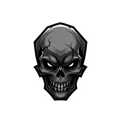 Obraz premium Grim skeletal head with glowing eyes, shadowed shading, jagged lines, menacing grin, white background