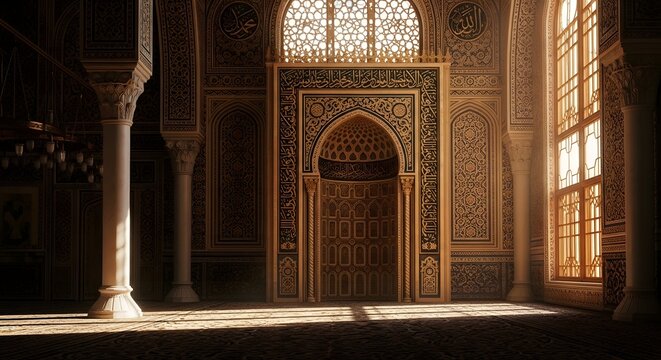 Ornate mosque interior with intricate gold and dark patterns, sunbeams stream through a tall arched window onto a carpeted floor