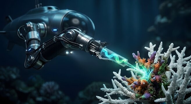High-tech underwater robot arm reviving dead coral with a glowing bioluminescent serum in the deep sea. Marine eco-restoration and futuristic technology concept art.