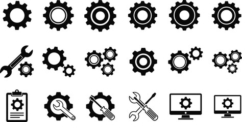 Gear and tools icons set, mechanical engineering, system settings, maintenance, repair, configuration symbols, industrial technology infographic collection isolated on white background