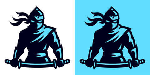 Ninja warrior silhouette with sword in hand and blue backgrounds © Designer Raian