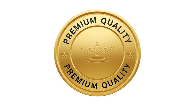 Gold premium quality badge with crown isolated transparent background