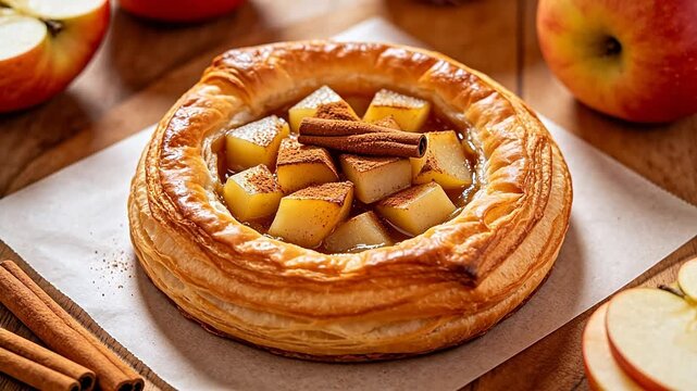 Apple pastry with cinnamon on wooden table