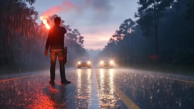Man Directing Traffic on Wet Road at Dusk.
