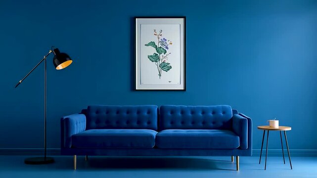 Modern living room with blue sofa floor lamp and framed botanical artwork against vibrant blue wall interior design