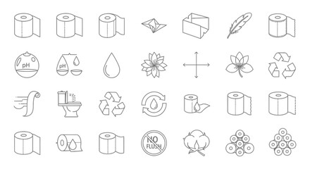Fototapeta premium set of line icons for toilet paper and hygiene featuring symbols for softness ph balance absorbency and sustainability.