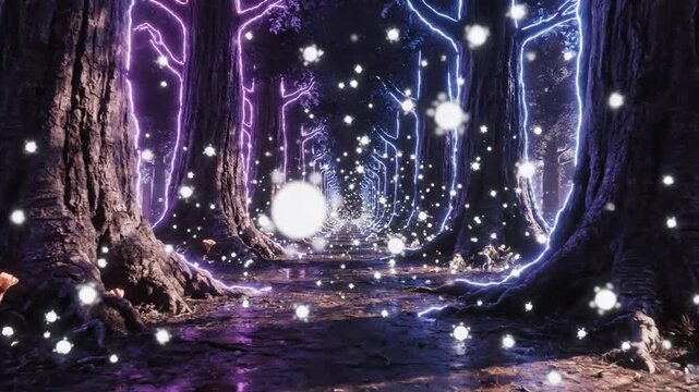 Mystical Forest with Glowing Lights and Trees.
