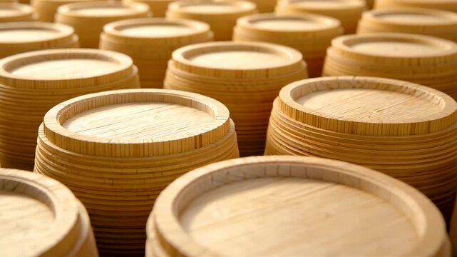 Stacked bamboo food steamers arranged in rows showing traditional wooden kitchen cookware texture