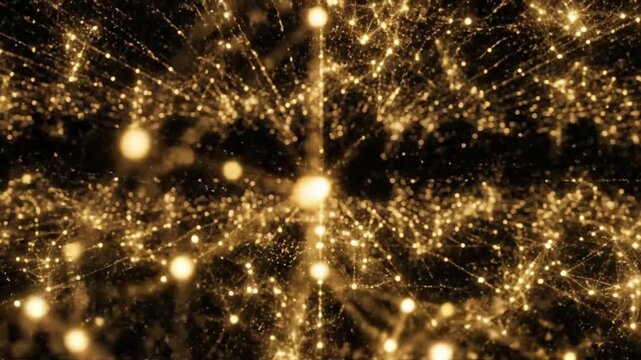 abstract high speed data lattice of glowing golden dots forming intricate neural connections against pure black background floating micro particles precise depth rendering smooth forward camera moveme