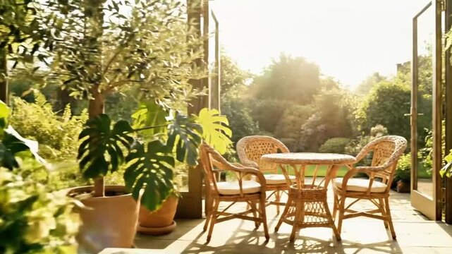 Camera tracking in sunroom wicker furniture, plants, glass walls, bright daylight.