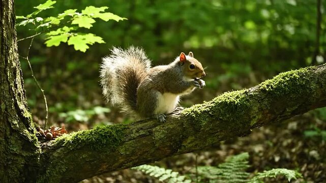 A grey squirrel with a fluffy tail sits on a mossy branch, eating a nut in a forest