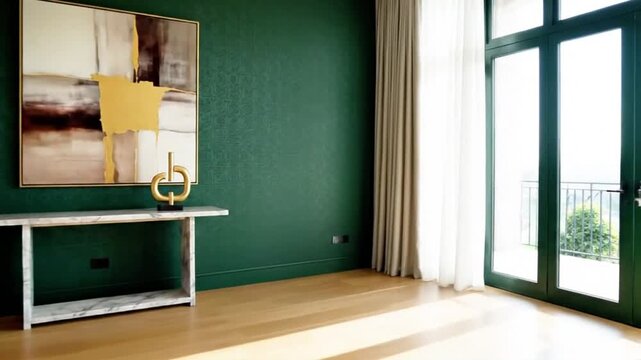 Camera gliding past bold accent walls in plum, damson, deep greens across rooms.
