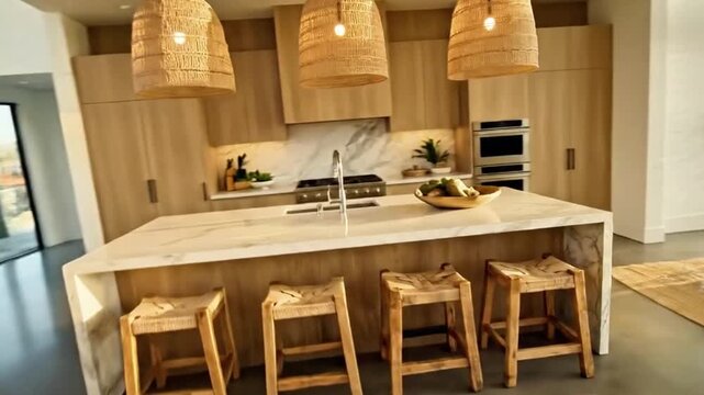 Dynamic camera fly-through of an open living-kitchen combo with island seating, pendant lights, wooden bar stools, and natural textures like linen and jute.